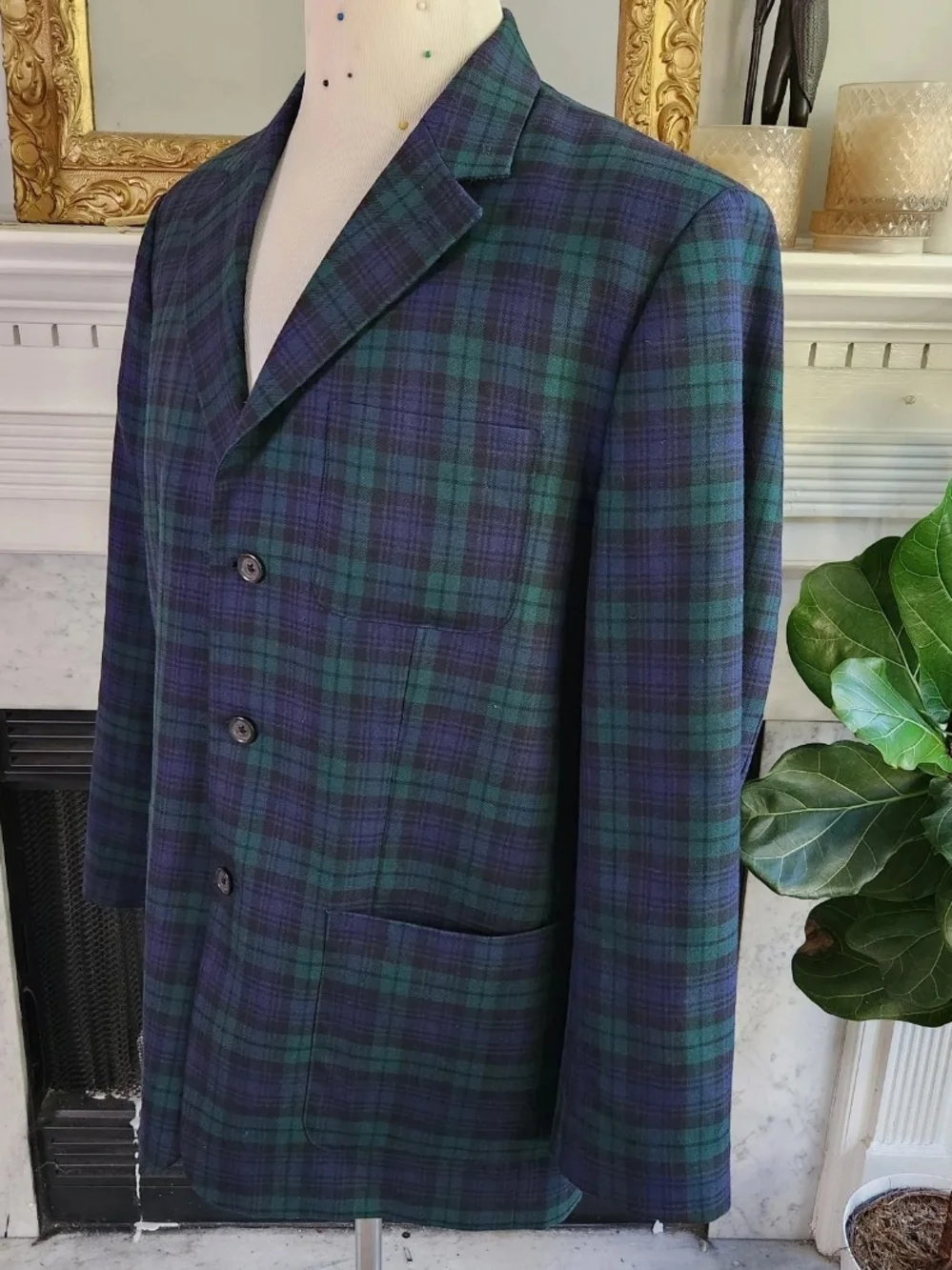 Vintage Y2K J Crew Green Plaid Blazer Blue Wool Preppy Old Money Academia Size L